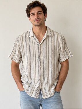Striped Short-Sleeve Button-Up Shirt in Cream and Brown